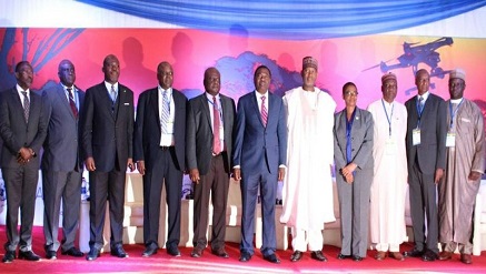 (L-r): Capt. Fola Akinkuotu, managing director; Nigeria Airspace Management Agency; Engr. Akin Olateru, commissioner, Accident Investigation Bureau (AIB); Capt. Muktar Usman, director general, Nigerian Civil Aviation Authority (NCAA); Capt. Musa Nuhu, 2nd vice president, International Civil Aviation Organisation (ICAO); Dr Olumuyiwa Bernard Aliyu, president, International Civil Aviation Organisation (ICAO); Sen. Hadi Sirika, minister of State for Aviation; Ms. Iyabo O. Sosina, secretary general, African C